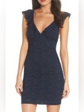 Lulu's Navy Lace V-Neck Ruffle Cap Sleeve Mini Dress